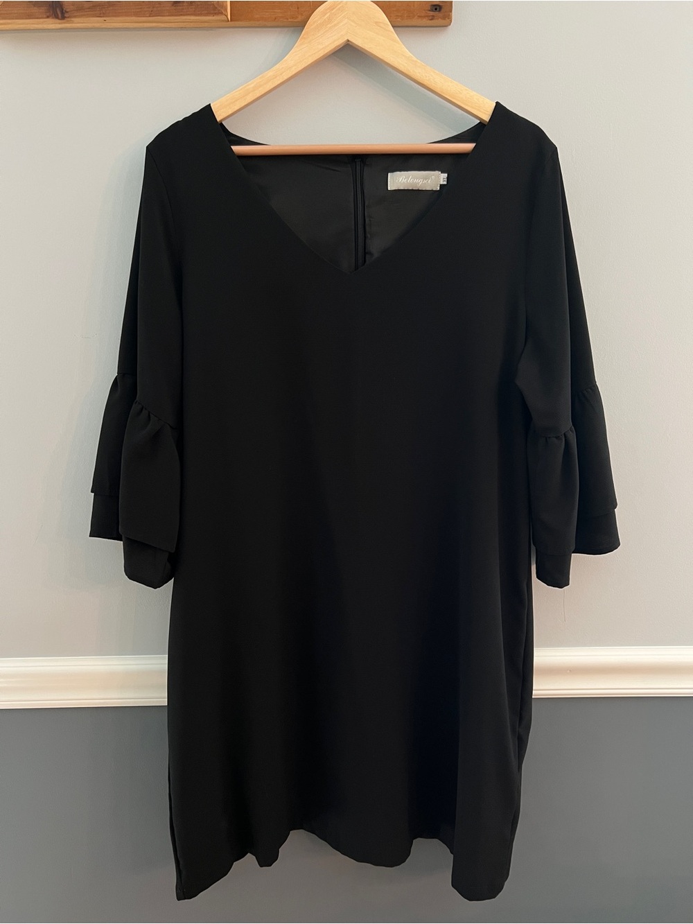 Black V Neck Shift Dress Tiered Bell Sleeve XL